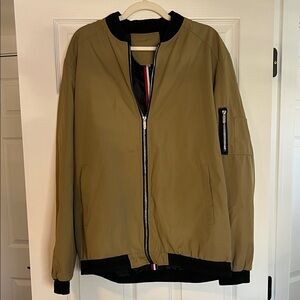 Men's Olive Bomber Jacket with Black Trim and Zip Details
